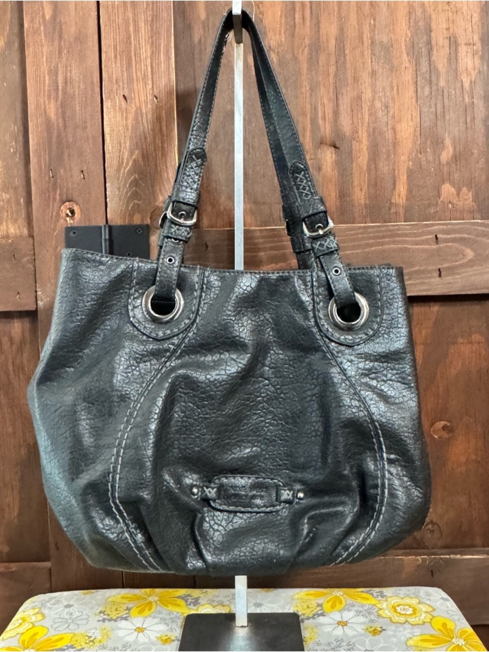 Nine West Black Leather Shoulder Bag with Silver-Tone Hardware